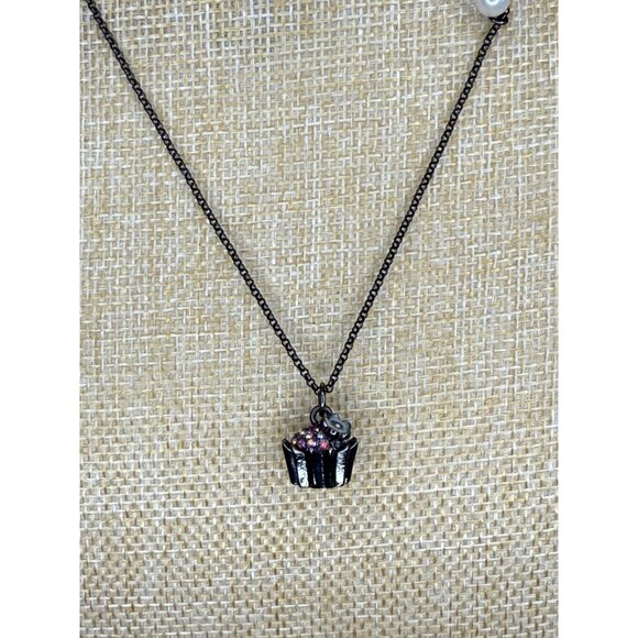 Betsey Johnson Rhinestone Cupcake Pendant Necklace With Pearl & Heart Accents - Picture 3 of 12